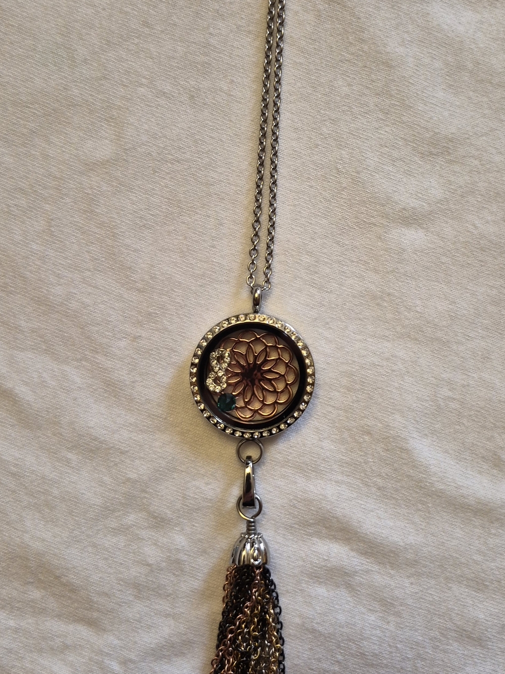 Floating Charm Locket Necklace Rhinestone Circle Tassel 19"